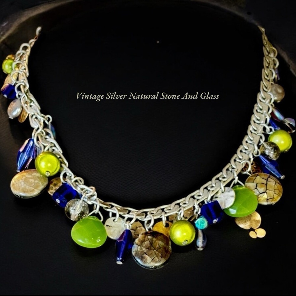 Vintage Silver Necklace~Handpicked Stones & Hand~blown glass charms.